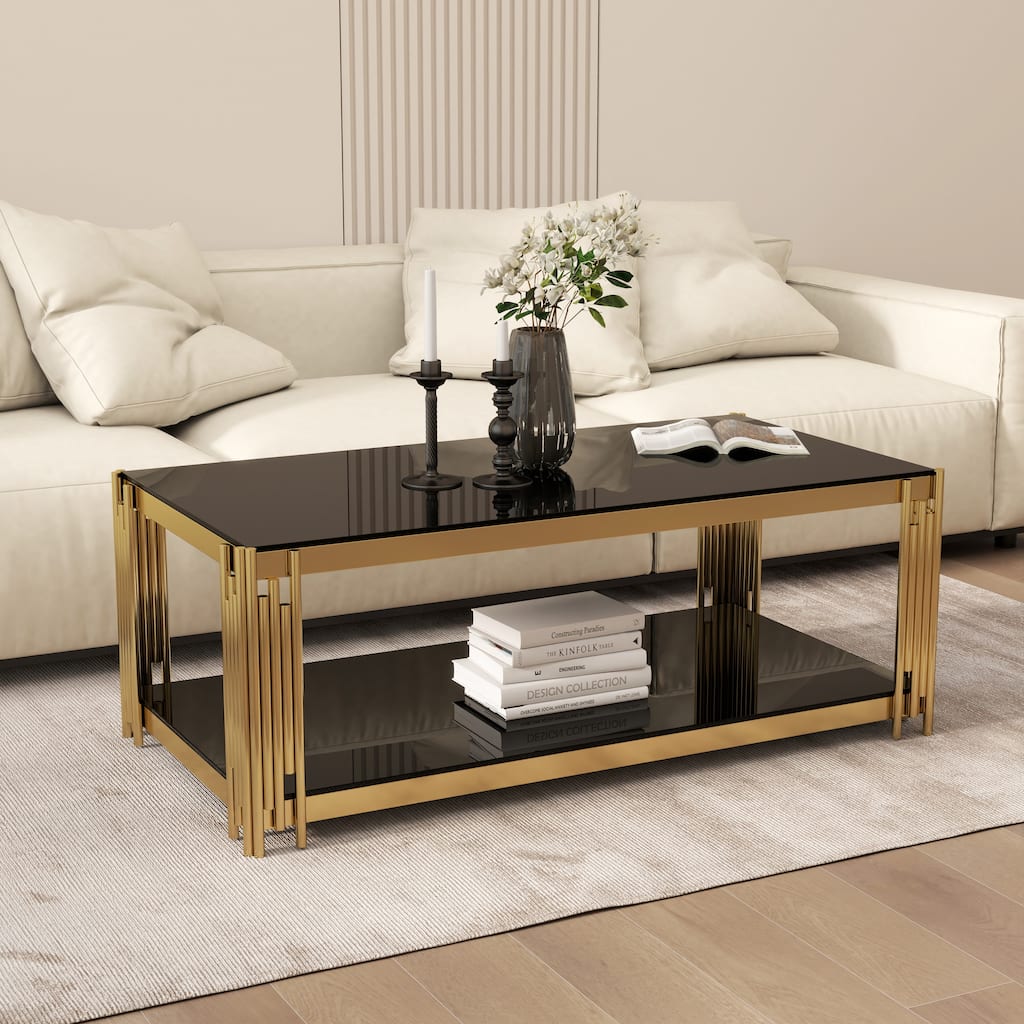 47"Rectangular Gold Glass Double-Layer Coffee Table, Black Tempered Glass Tabletop, Gold Stainless Steel Metal Legs