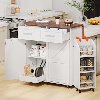 Farmhouse Kitchen Island with Extendable Leaf, Storage Drawers, Detachable Racks & Towel Holder