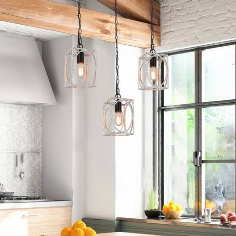 Modern Industrial 1-Light Square Distressed White Pendant for Kitchen Island - L5.5" x W5.5" x H25.5"