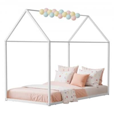 Twin Size White Metal Kids House Bed Frame with Floor Safety and Roof Creative Play Space
