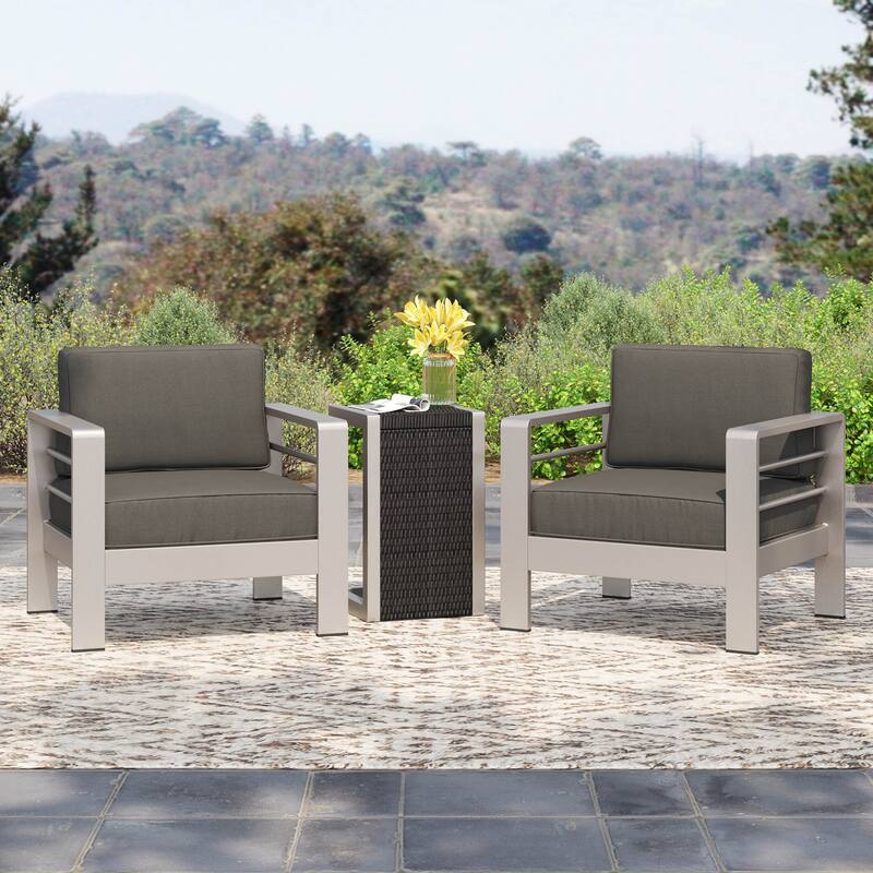 Cape Coral Outdoor Aluminum 3 Piece Chat Set with C Shaped Table by Christopher Knight Home