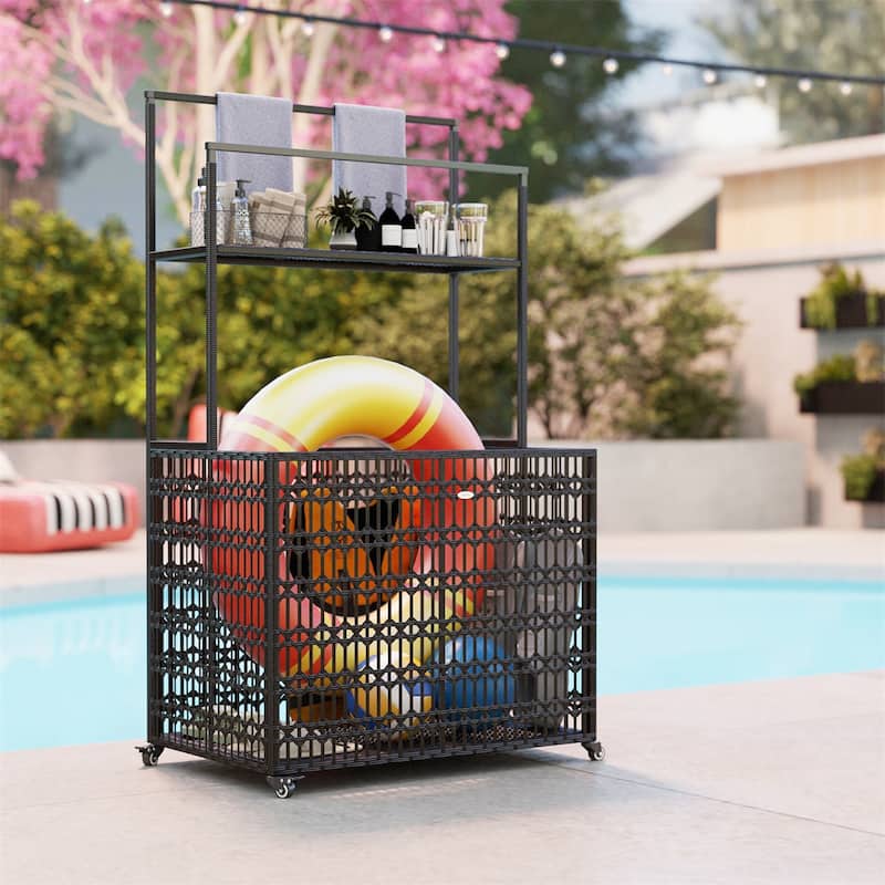 Wicker Pool Storage Basket with Wheels Shelf and Steel Frame for Outdoor Pool Supplies Organization