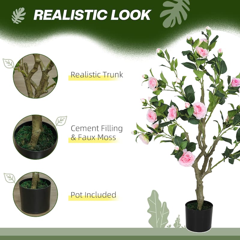Set of 2 Artificial Camellia Flower Plants Pink Green with 18 Flowers 18 Buds 150 Leaves 39 Inch for Home Office Decor - 39.4"