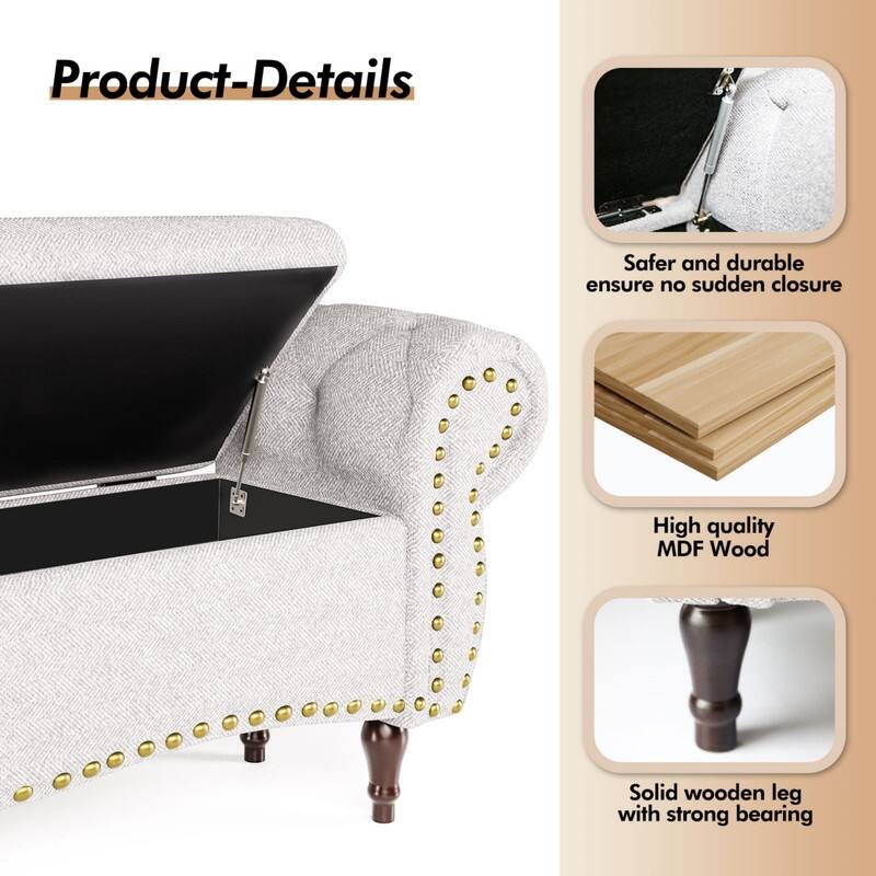 53" Length Upholstered Bench, Ottoman with Safety Hinge and Rolled Arm