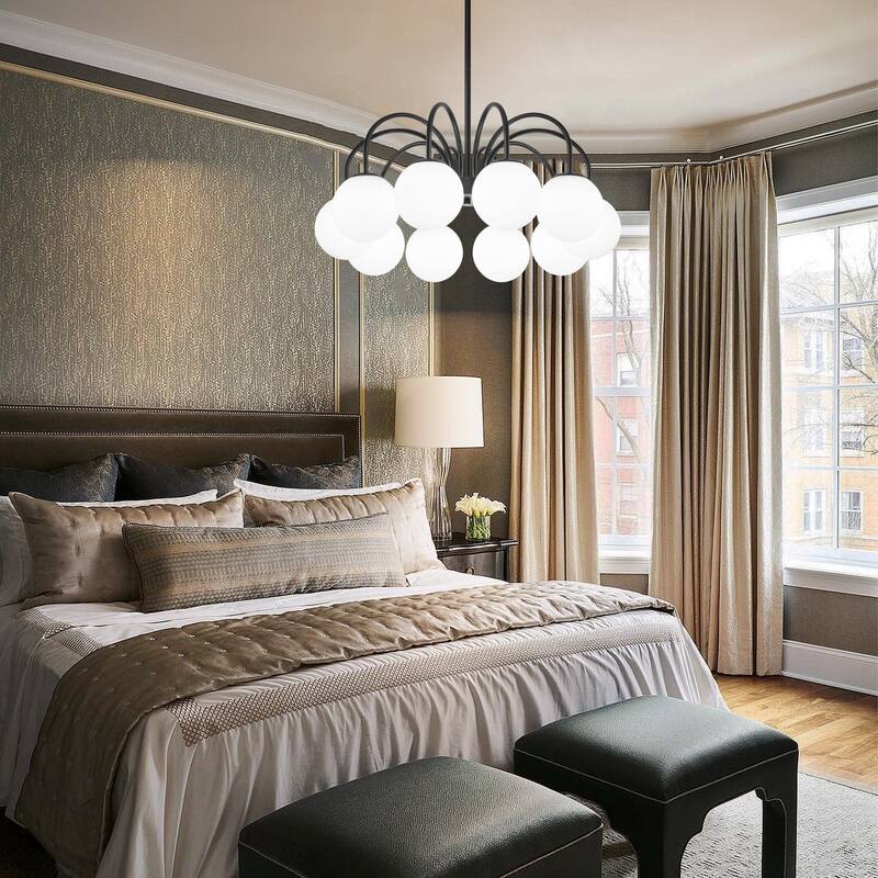 6/ 10-light Mid-Century Modern Black/ Brasss Round Sputnik Glass Globe Bubble Chandelier with Frosted Opal Glass Globe