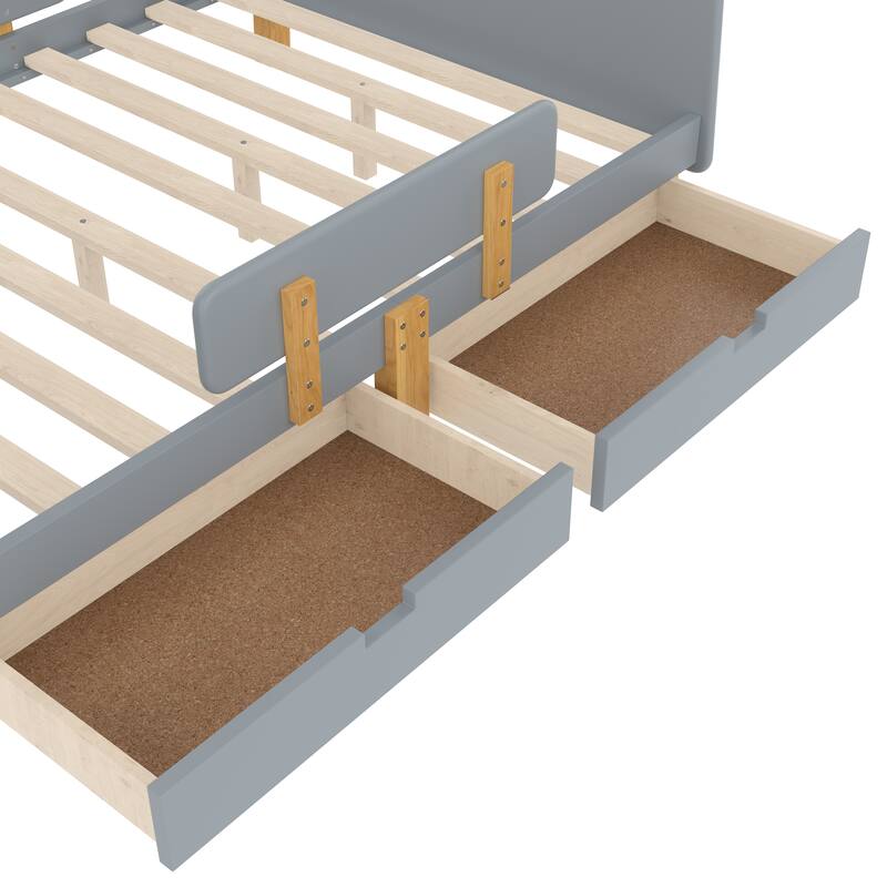 Low Profile Solid Wood Platform Bed Frame with Storage Drawers, Guardrails and Headboard, Footboard with Small Shelf and Hooks