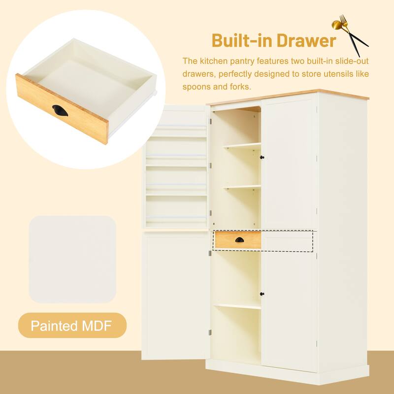 Freestanding Kitchen Pantry Large Cupboard Storage Cabinet with 2 Drawers - Cream