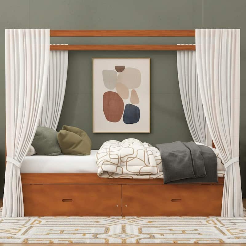 Wooden Canopy Bed with Hidden Storage Drawers by Harper&Bright Designs