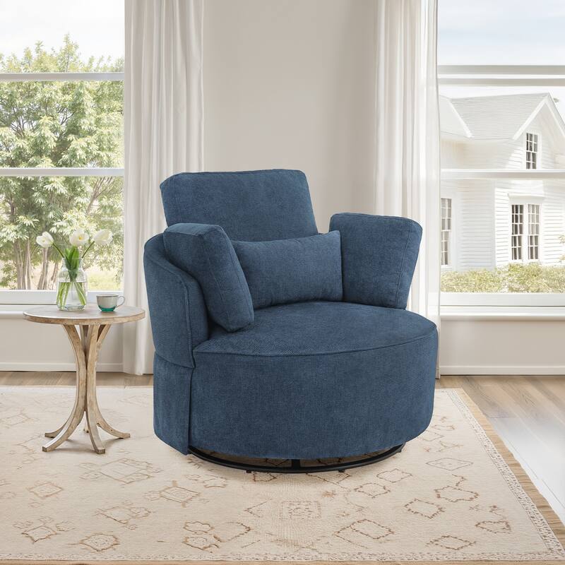 Upholstered Swivel Barrel Accent Chair Metal Frame with Flared Arms and Pillows - Blue