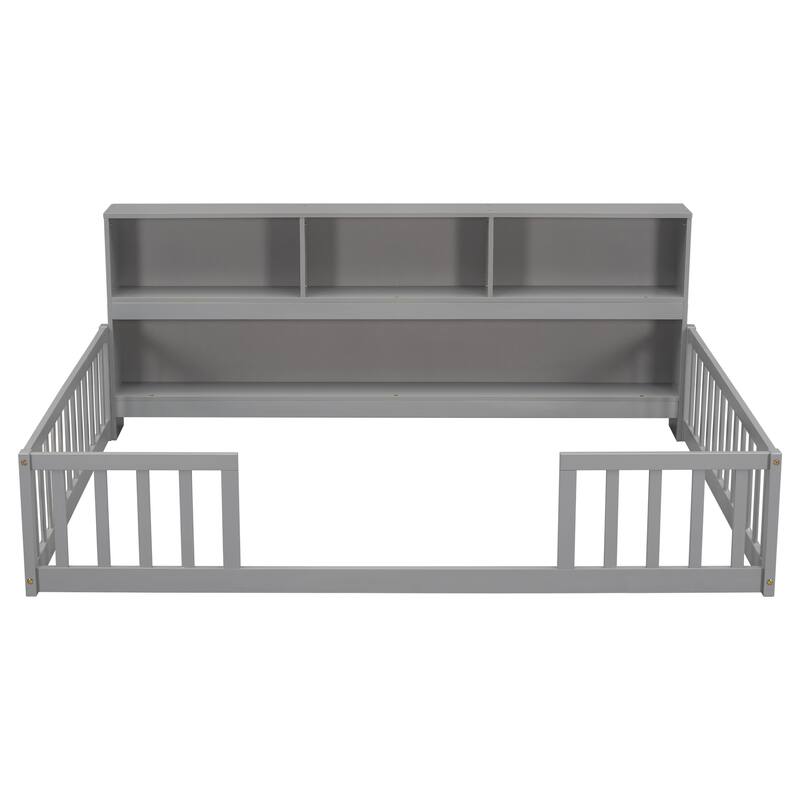 Full Floor Bed with Integrated Side Bookcase, Shelves, and Guardrails - Perfect for Modern Small Living Spaces