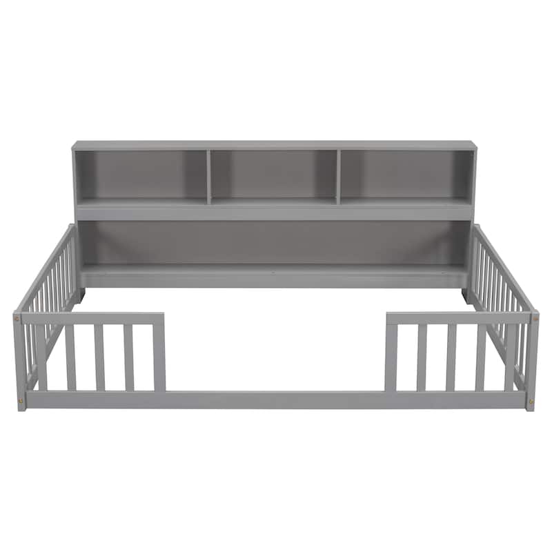 Toddler Floor Storage Bed with Bedside Bookcase, Shelves, Fence Guardrails, No Door, No Slats for Boys Girls Children's Room