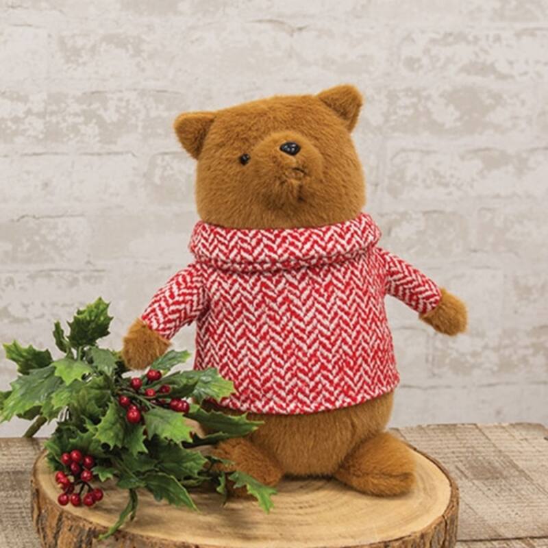 Fuzzy Bear with Chevron Sweater 11 Inch Christmas Decoration - 8.50” x 4.75” x 11.50”