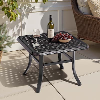Cast Aluminum Patio Side Table Outdoor Square Table with Umbrella Hole - 24.02" L x 24.02" W x 17.52" H