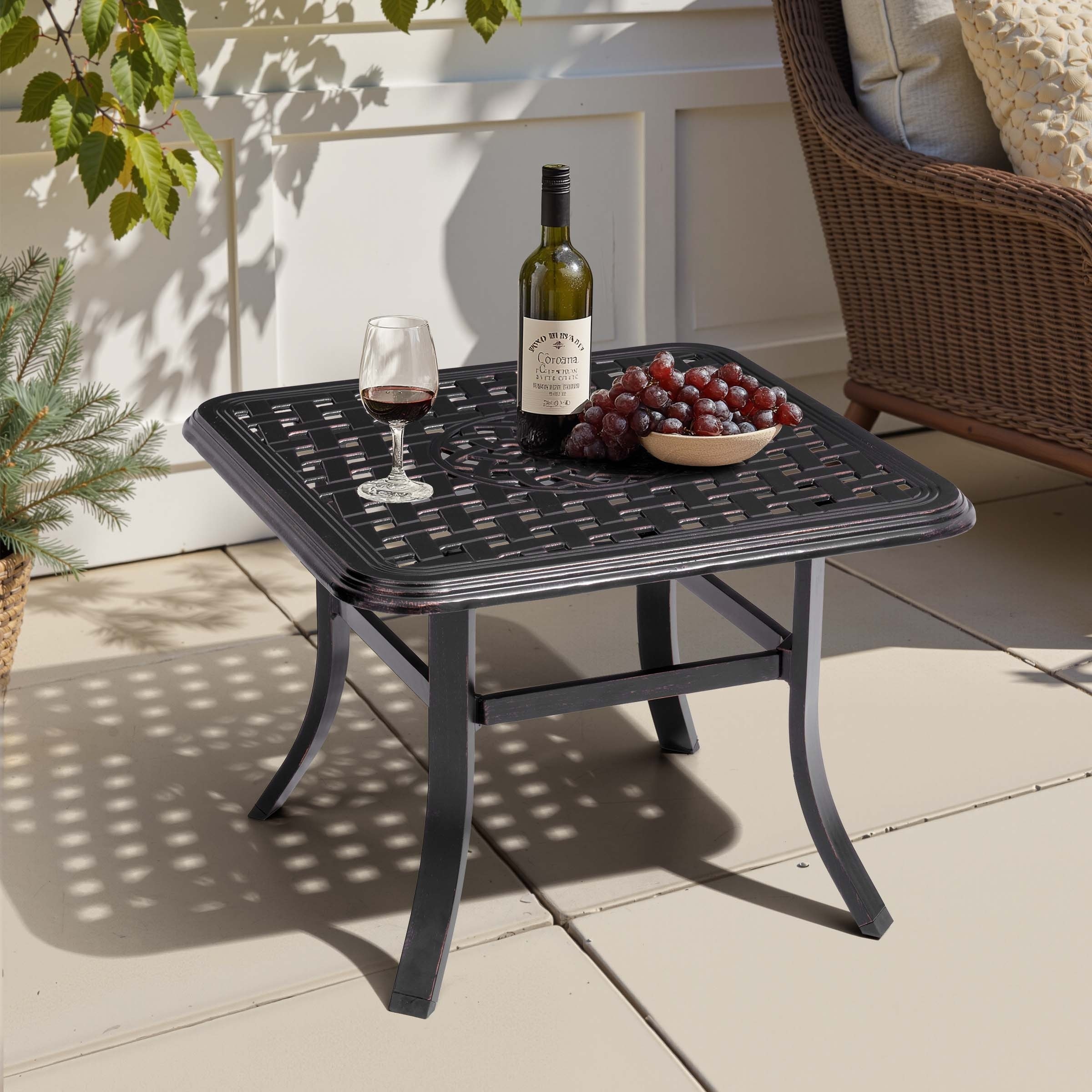 Cast Aluminum Patio Side Table Outdoor Square Table with Umbrella Hole - 24.02" L x 24.02" W x 17.52" H
