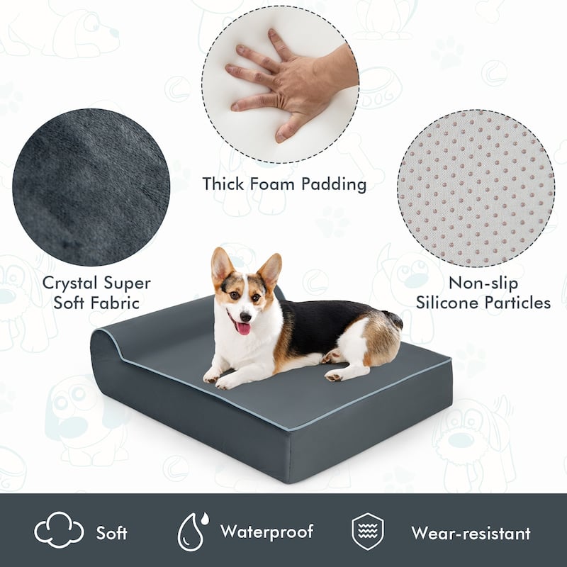 Orthopedic Dog Bed with Headrest and Removable Washable Cover-Grey - 40" x 32" x 12"