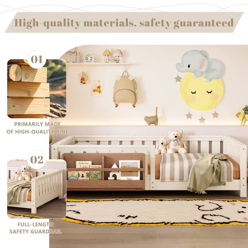 Montessori Floor Bed Low Profile Kids Bed with Rails & Bookshelf