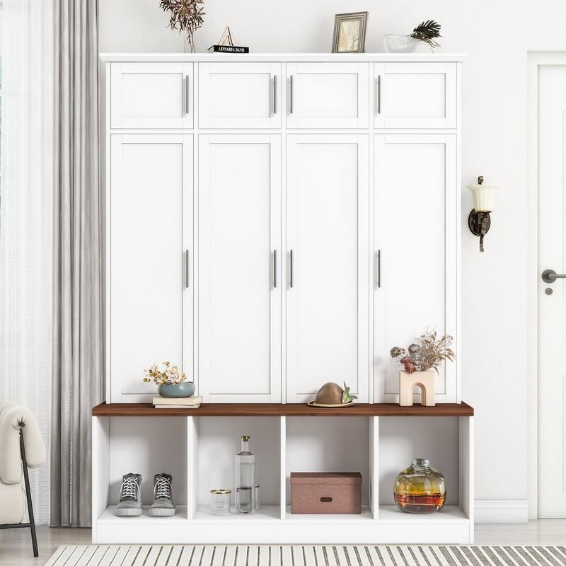Hall Tree Hallway Storage Bench with Shoe Cubbies and Coat Rack with Hooks - White-D1