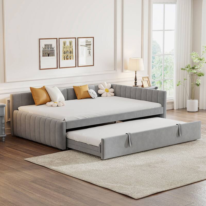 Full Size L-Shaped Daybed with Twin Pop-Up Trundle Upholstered Storage Bed (650lbs Capacity)