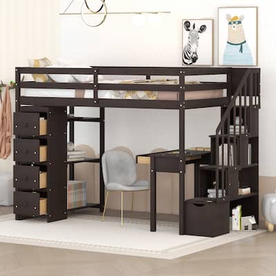 Loft Bed with Storage Drawers ,Desk and Stairs, Wooden Loft Bed with Shelves
