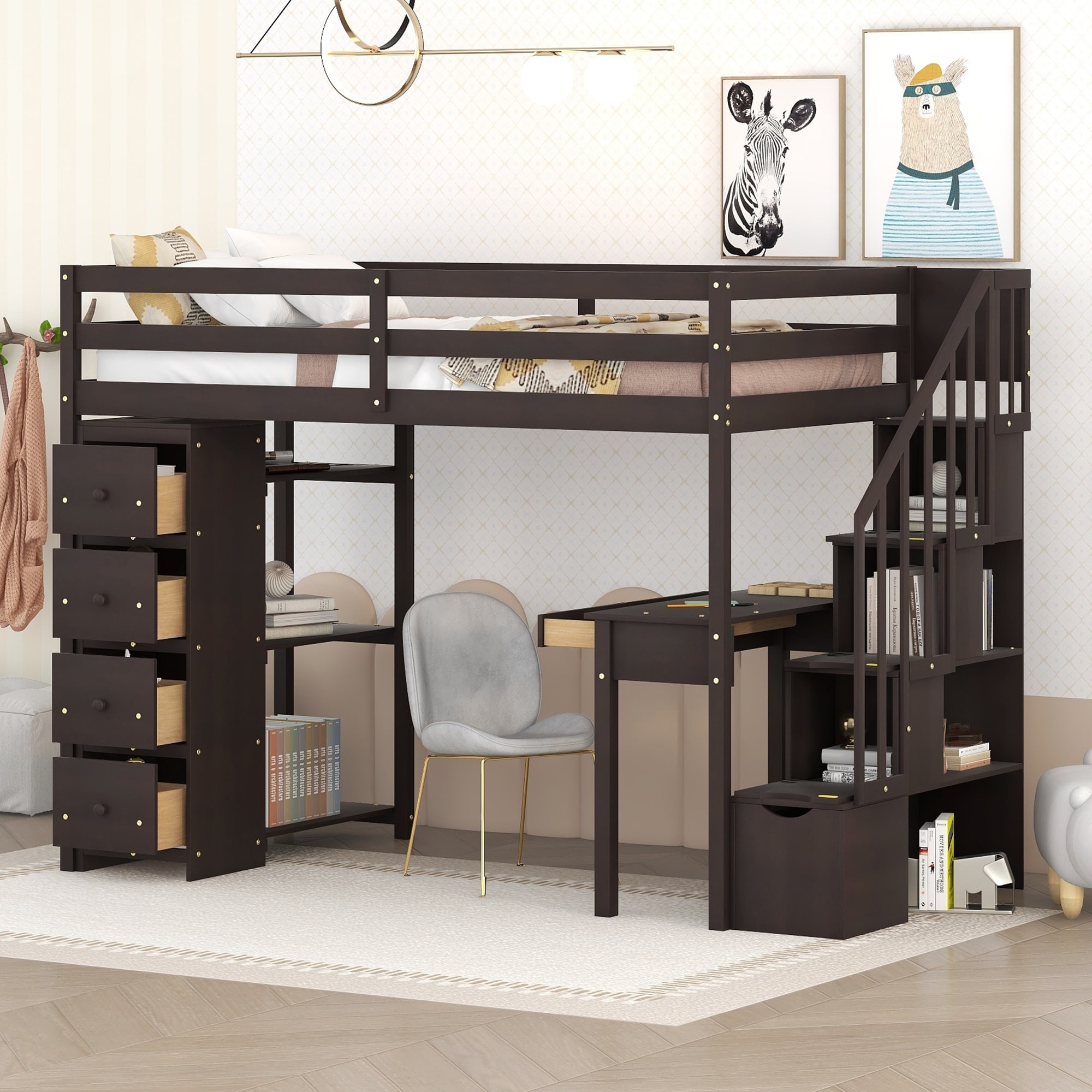 Twin Size Loft Bed with Storage Drawers Desk Wooden Loft Bed Frame w Shelves Stairs for Girls Boys Bedroom Dorm Espresso