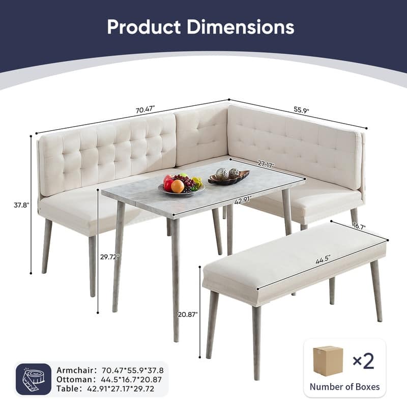 Mixoy 3 Pieces Dining Table Set, Rectangular Table with Upholstered L-Shaped Sofa Chairs Set