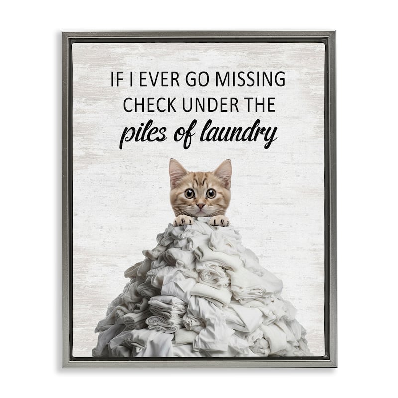 Stupell Piles Of Laundry Cat Framed Floater Canvas Wall Art Design By Lettered and Lined - 25 x 31 - Grey
