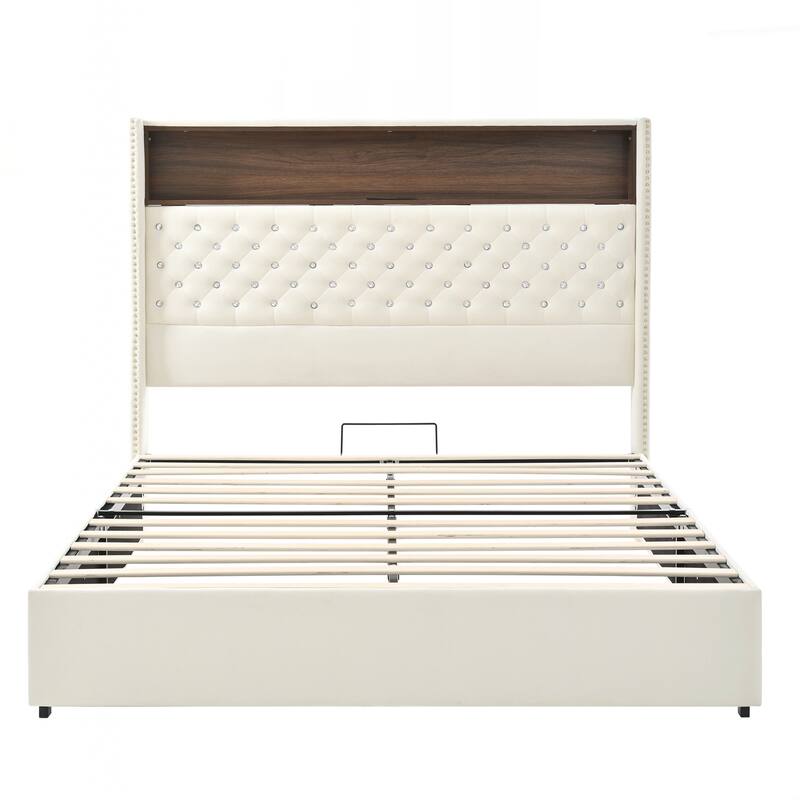 Queen Size Tufted Soft Bed Frame with USB Port and Night Light