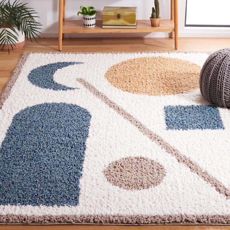 SAFAVIEH Calico Shag Vitalia Mid-Century Modern 1.5-inch Thick Rug - 5'3" x 7'6" - Ivory/Blue