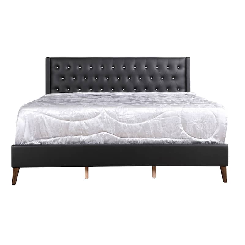 Faux Leather Jewel Tufted Headboard Panel King Bed - 87" - Black