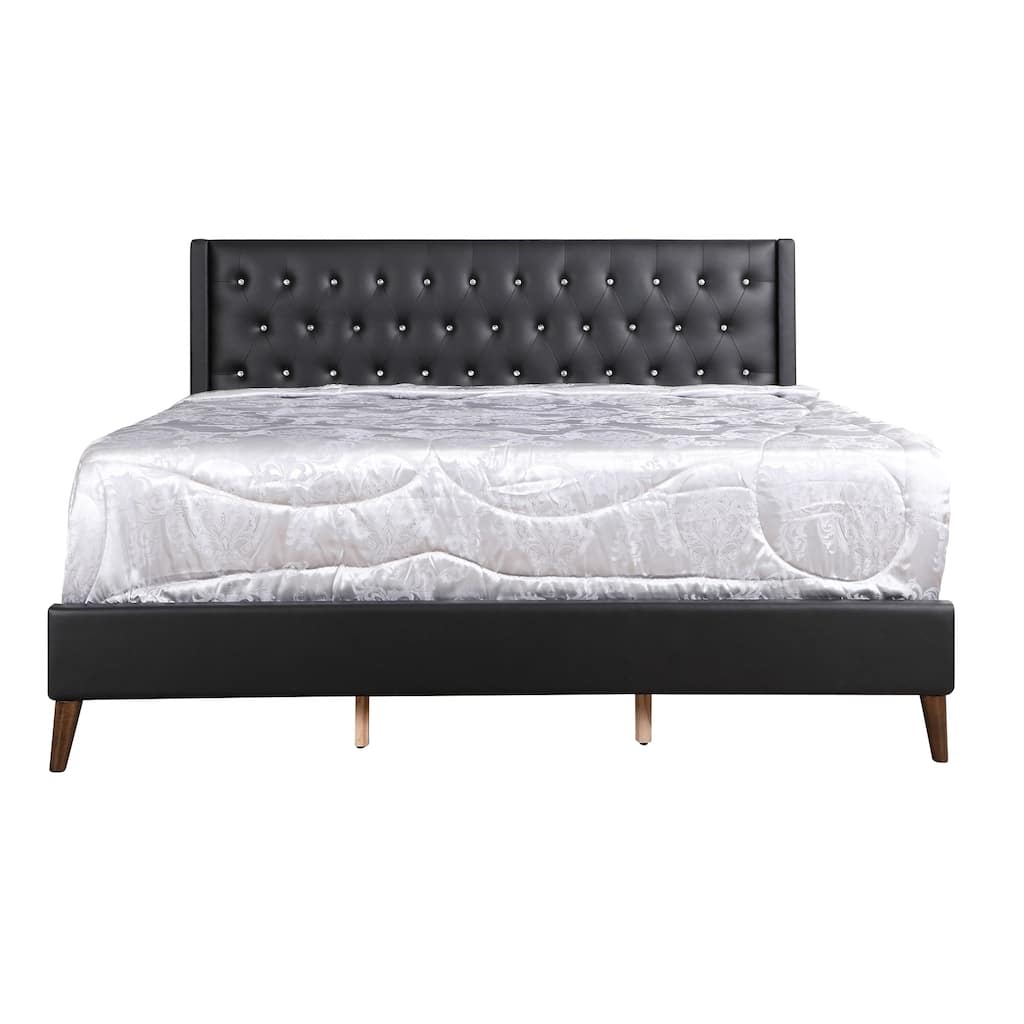 Faux Leather Jewel Tufted Headboard Panel King Bed - 87" - Black