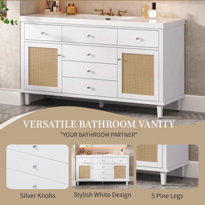 60" Bathroom Vanity with SMC Sink - Modern Large Storage Cabinet with Soft Close Drawers and Rattan Doors