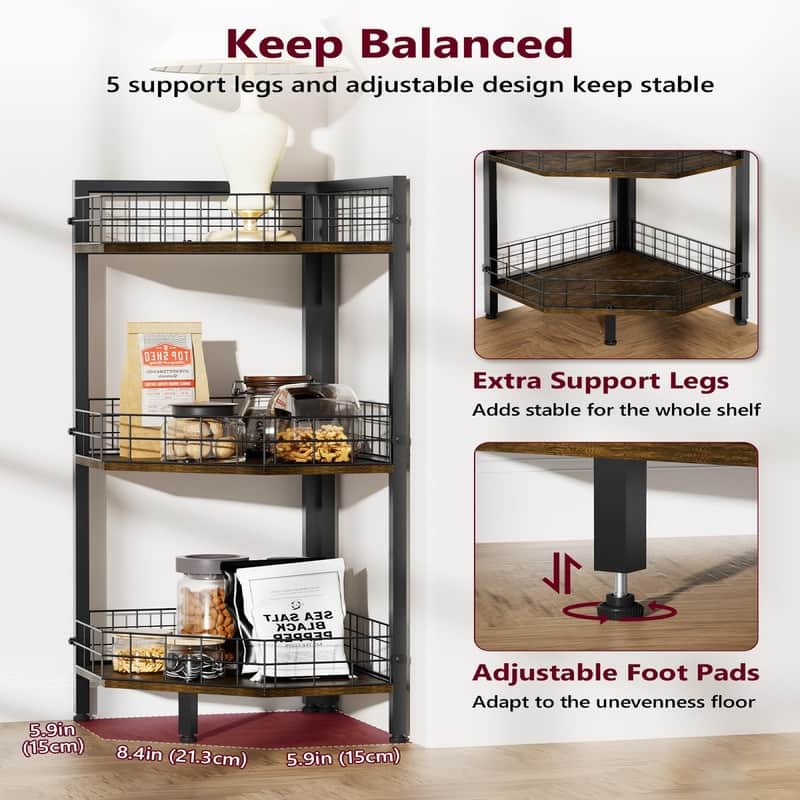 3 Tier Corner Shelf Stand for Kitchen - 12.7"D x 12.7"W x 31.2"H