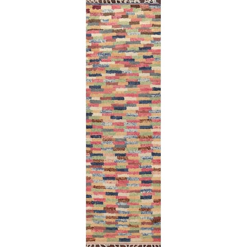 Modern Checkered Moroccan Oriental Wool Runner Rug Hand-knotted Carpet - 2'7" x 11'2"