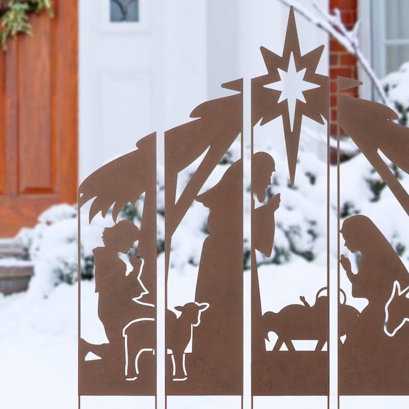 Glitzhome 41.5"H Metal Snowman Family or Nativity Combo Yard Stake Christmas Decor
