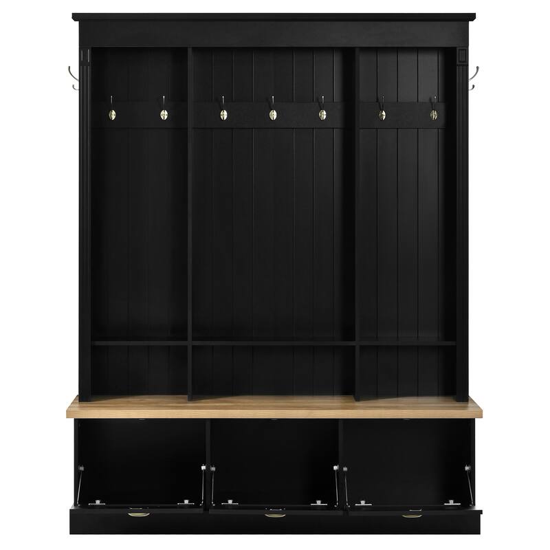 Elegant APP Controlled LED Light Hall Tree with 9 Hooks, Natural Storage Bench with 3 Large Cabinets, with Shelves