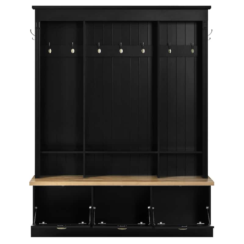 Large LED Hall Tree with 9 Hooks, Roman Column Design Storage Bench with 3 Cabinets, Farmhouse Entryway Organizer with Shelves