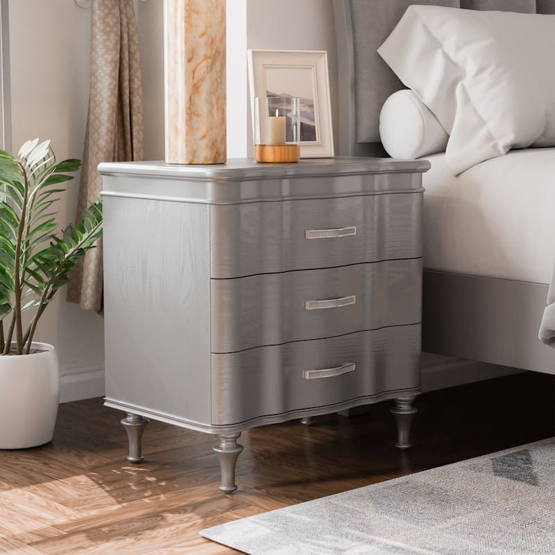 Furniture of America Seabliss Glam Solid Wood 3-Drawer Nightstand - Silver