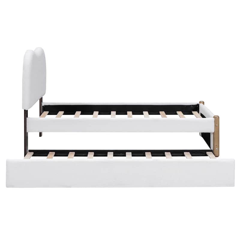 Twin Size Upholstered Platform Bed Frame with Wood Supporting Feet and Slatted, Pull-out Trundle Bed for Bedroom