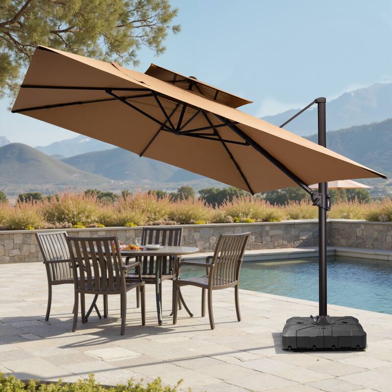 Pellebant 11X11FT Outdoor Patio Cantilever Offset 360 Degree Rotation Umbrella with HDPE Base - Tan