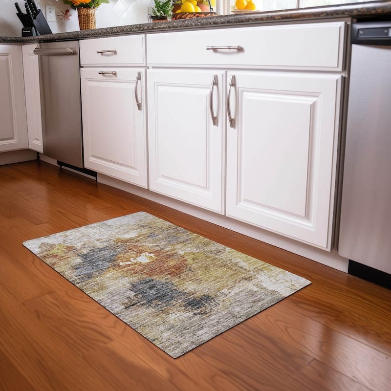 Machine Washable Indoor/ Outdoor Abstract Contemporary Chantille Rug - Taupe - 1'8" x 2'6"