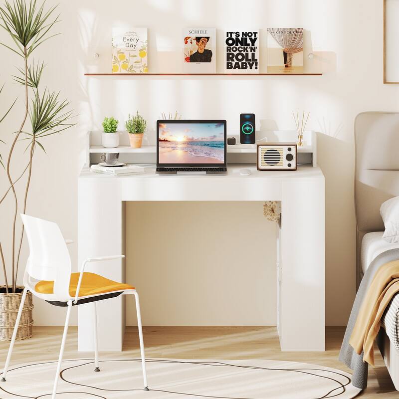 White Engineered Wood Computer Desk with Power Strip and 3-Tier Bookcases