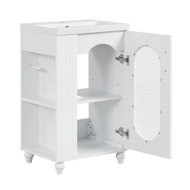 Freestanding Bathroom Vanity with Sink, Storage Cabinet with Oval Glass Door, Toilet Paper Holder and 2-tier Shelves