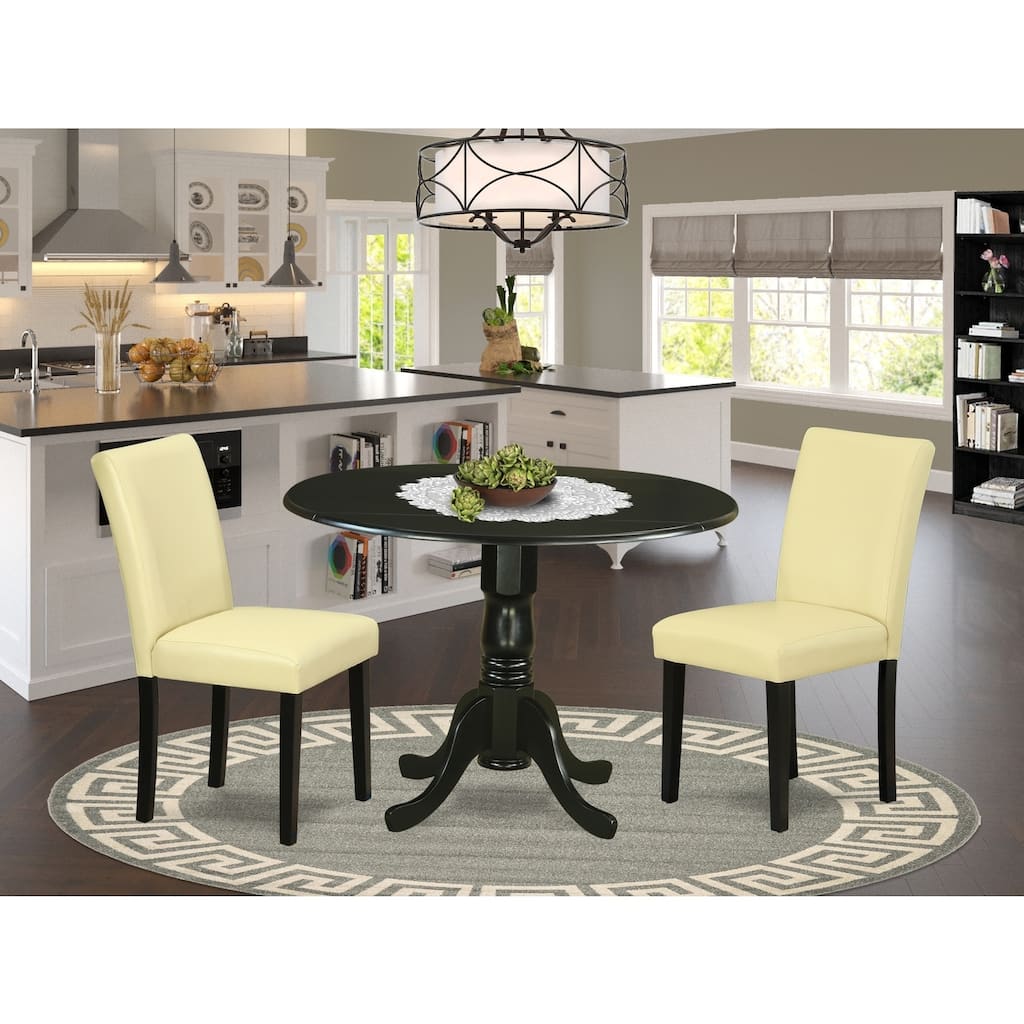 Round Dining Table Set - 42" Table w/ Drop Leaves & 2 Parsons Chairs - Eggnog PU Leather