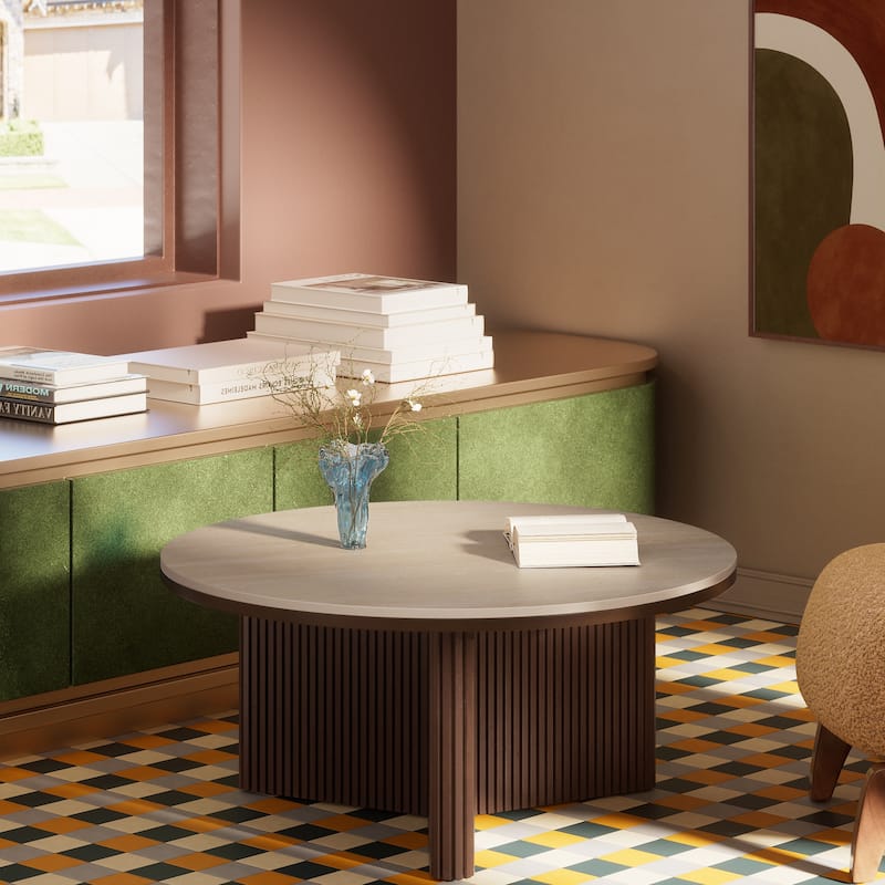 35" Round Coffee Table with Sintered Stone Top and Vertical-Groove Column Base for Living Room