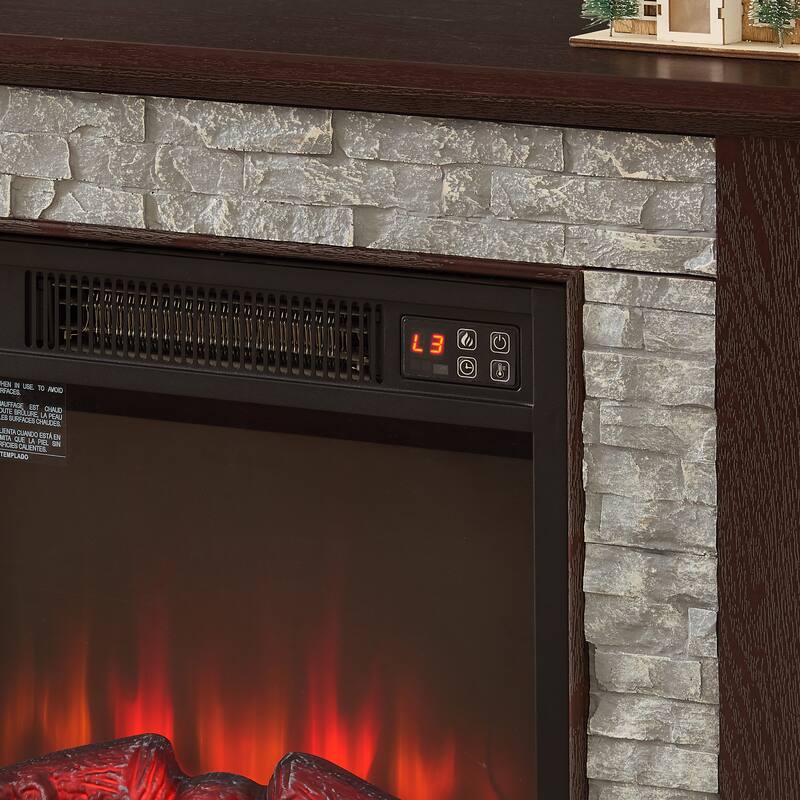 GDFStudio Eulalia Wood 2-Door Storage TV Stand with Faux Stone Mantle