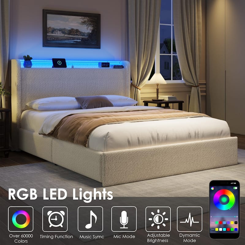 FullQueen Boucle Bed Frame with Storage Headboard, Upholstered Bed Frame with Charging Station, LED Lights, 4 Drawers