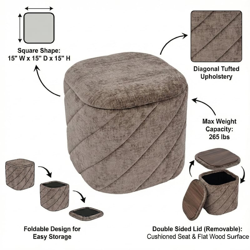 Square Diagonal Tufted Folding Storage Ottoman with Reversible Lid