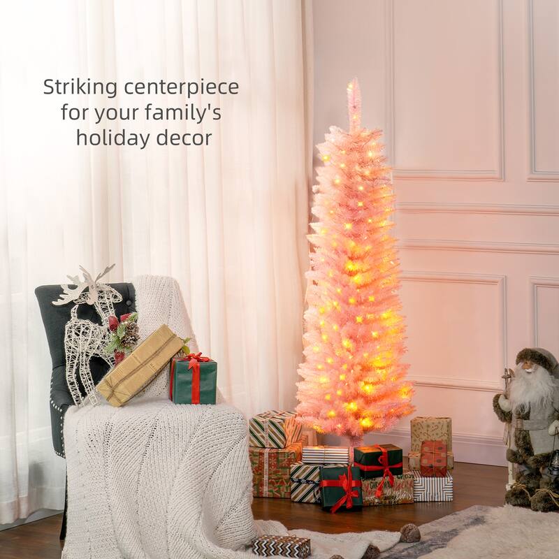 HOMCOM Pre-Lit Pencil Christmas Tree - Colorful Surface Branches, LED Lights, Pink