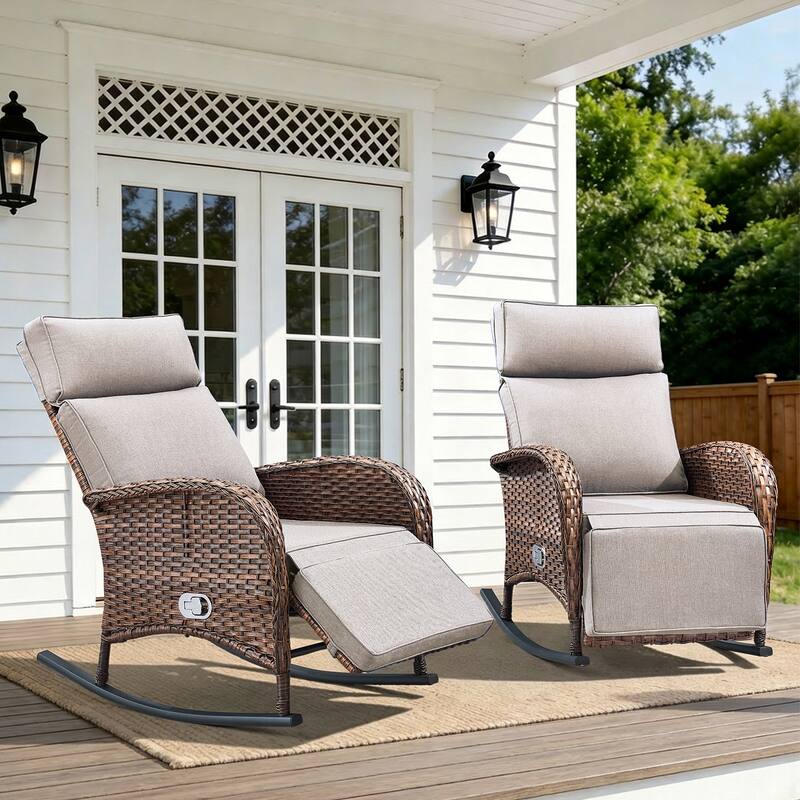 Pocassy Outdoor Patio Rocking Lounge Chairs with Adjustable Backrest Set. - Brown Wicker with Beige Cushion - 2 Piece Rocker Recliner Chair
