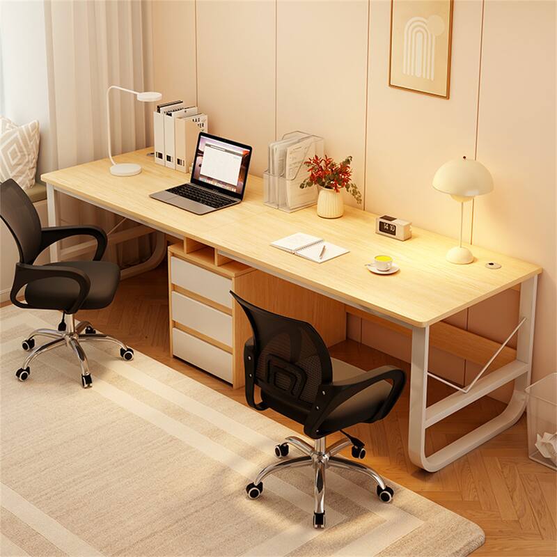 Minimalist Long Two-Person Computer Desk with Storage Drawers - Natural White